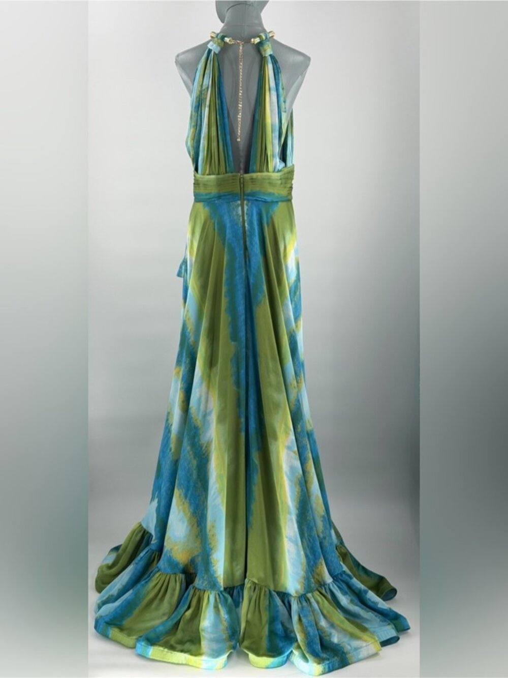🆕 BRONX & BANCO 🧿 NWOT Palma Coastal Ruffle Hi-Low Gown, Blue Green, Sz L US 8 - Picture 8 of 16